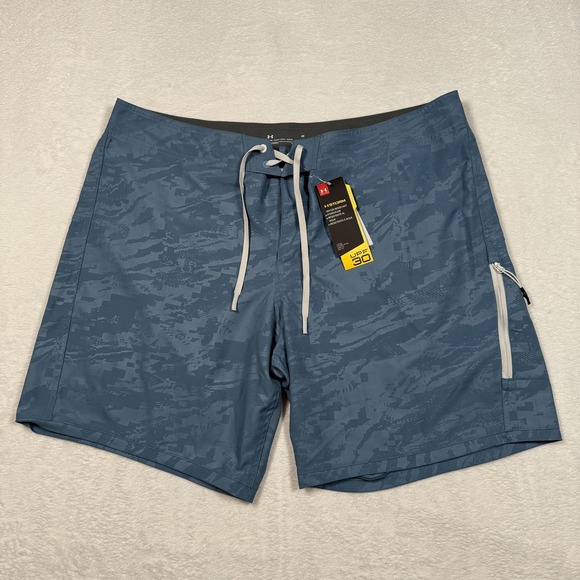 Under Armour Board Shorts Mens 42 Blue HeatGear UA Storm Swim Trunks UPF 30 Zip - Picture 1 of 9
